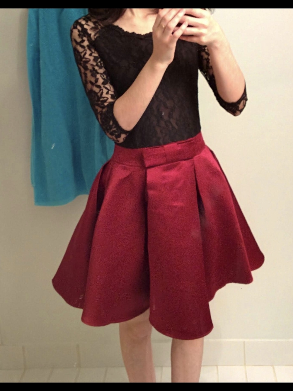 Burgandy Dress | Lace Sleeves | Satin Skirt